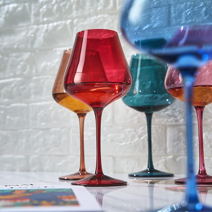 Khen Flower Blooms Colored Crystal Wine Glass Set of 5, Large 20 OZ Stemmed Glasses, Italian Style Tall Drinkware for Red & White Wine, Water, Dinner, Beautiful Gift Glassware