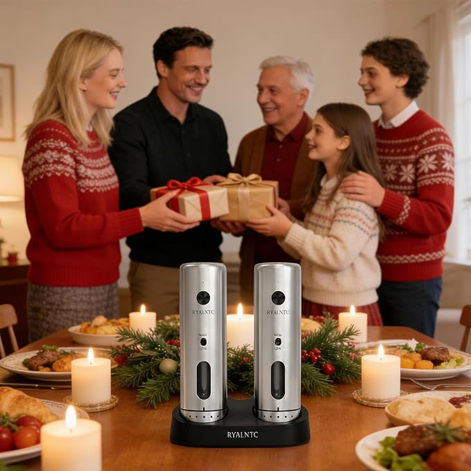 Electric Salt and Pepper Grinder Set with Rechargeable Base Upgraded Stainless Steel Automatic Salt and Pepper Shakers,Upgraded 2-Speed Setting,External 6 Adjustable Coarseness with LED Light