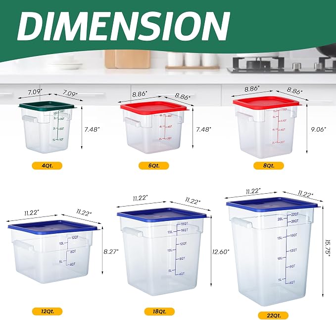 4 Pack 4 Qt Square Polycarbonate Food Storage Containers with Lids | Clear BPA-free PC with lids, side handles, measurement scale and stackable design; for food prep, storage and freezer use.