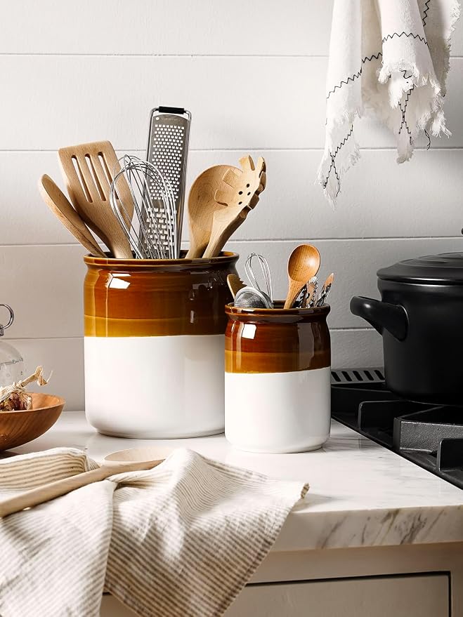 LE TAUCI Kitchen Utensil Holder for Countertop, Ceramic Utensil Crock Set of 2, Rustic Brown Holder for Spatulas, Spoons and Ladles, Large Farmhouse Kitchen Counter Decor, Brown and White, 7.2" & 5.4"