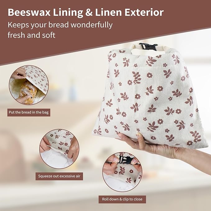 Saicefe 2 Pack Reusable Beeswax Bread Bags for Sourdough & Homemade Bread, Linen Waxed Bags Keeps Fresh Longer XL Food Storage Bags with Beeswax Lining, Freezer Safe, Baking Supplies for Sourdough