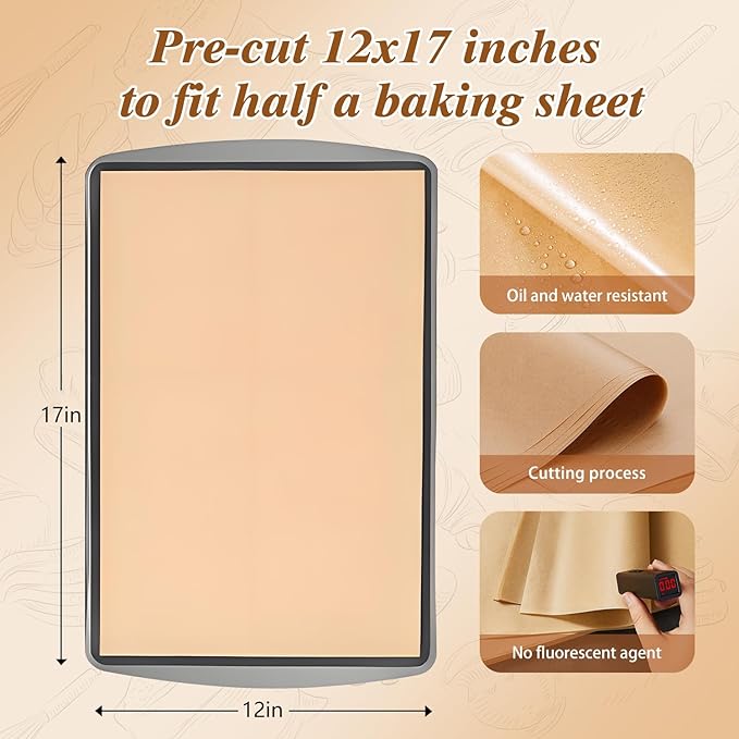 300 Pcs Parchment Paper Sheets, 12x17 Inches Unbleached Baking Paper, Non Stick for Gently Baking, Pre-Cut Half Sheet Parchment Paper for Oven, Air Fryer Liners, Microwave