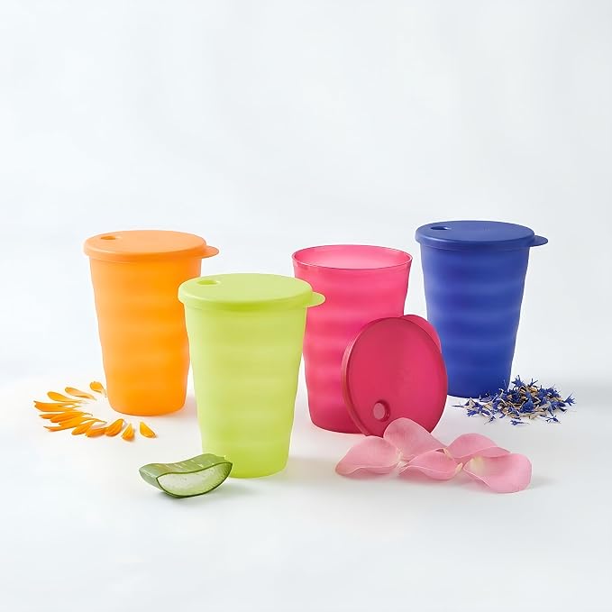 Tupperware Brand Impressions 16 oz Tumblers - Set of 4 - Dishwasher Safe & BPA Free - Mess-Free Reusable Plastic Cups with Lids