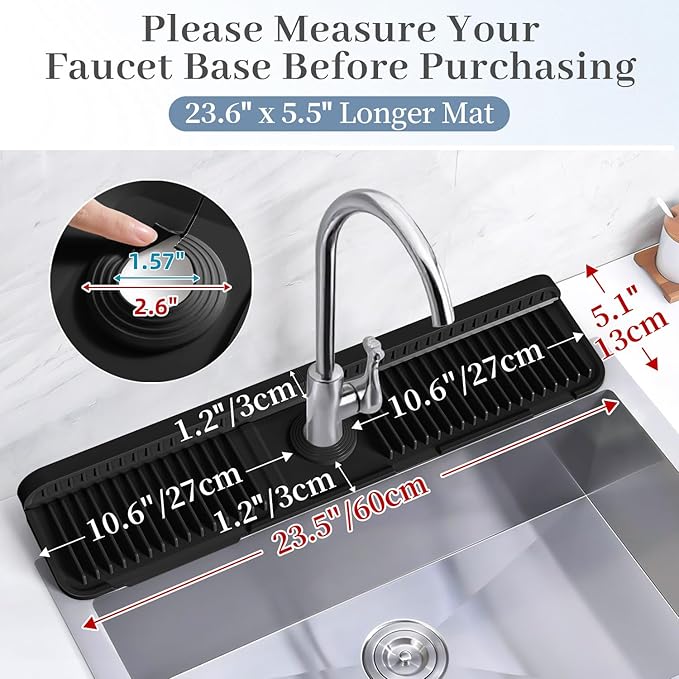 PoYang 24 inch Faucet Mat for Kitchen Sink Splash Guard, 7° Slope Silicone Sink Water Splash Guard for Kitchen Sink Area with Snap Button, Longer Sink Protectors for kitchen Sink Sponge Holder, Black