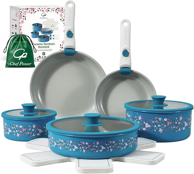 Chef Power Ceramic Cookware Set Non Toxic with Detachable Handles, Healthy Nonstick Decal Pans and Pots Set 14 Pcs, Induction Dishwasher Oven Safe Kitchen Set, Turquoise with Bougainvillea