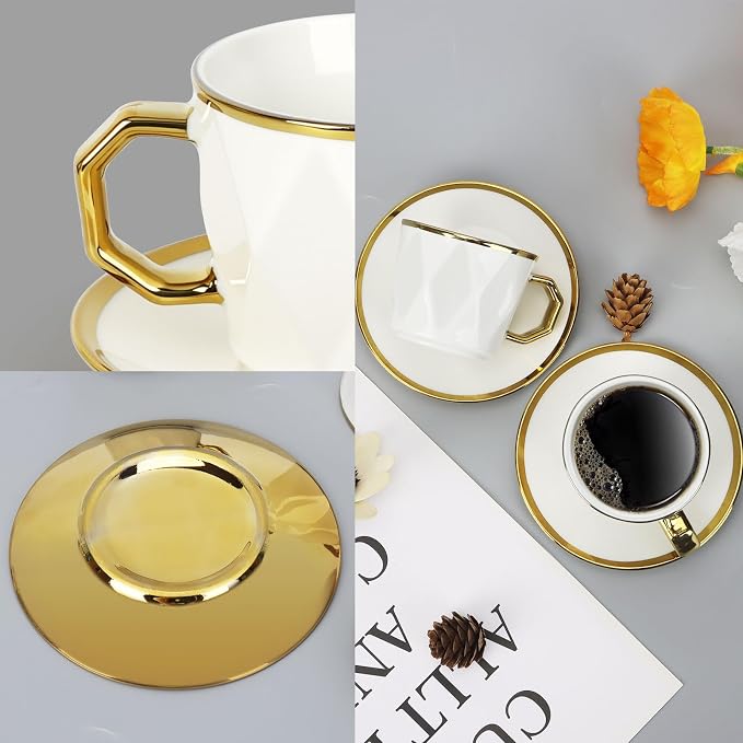 ALIMOTA 3.4oz/100ml Espresso Cups with Saucers, Set of 6, White Porcelain Coffee Cups with Gold Trim & Diamond Texture, Dishwasher Safe, Small Demitasse Cups for Latte, Cappuccino, Tea