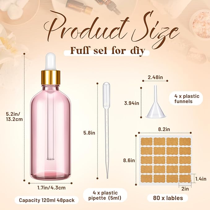 Lallisa 48 Pcs Glass Dropper Bottles with Eye Dropper Dispensers Lab Dropping Bottles with 4 Pcs Long Pipettes 4 Funnel and 80 Label for Travel Cuticle Massage Essential Oils Perfume (Pink,4 oz)