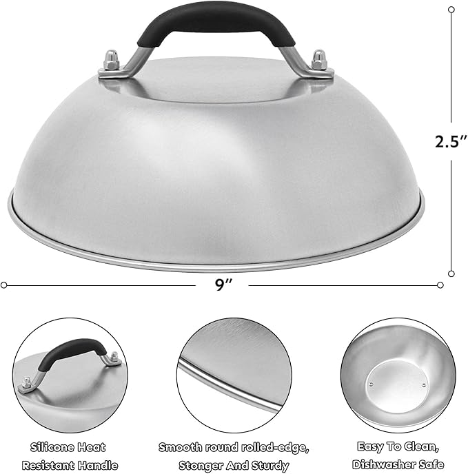 HULISEN Cheese Melting Dome & Smashed Burger Press, 6.2" Grill Press with 9" Basting Cover, Stainless Steel Burger Smasher, Griddle Accessories Kit for Flat Top Grill Cooking Indoor/Outdoor