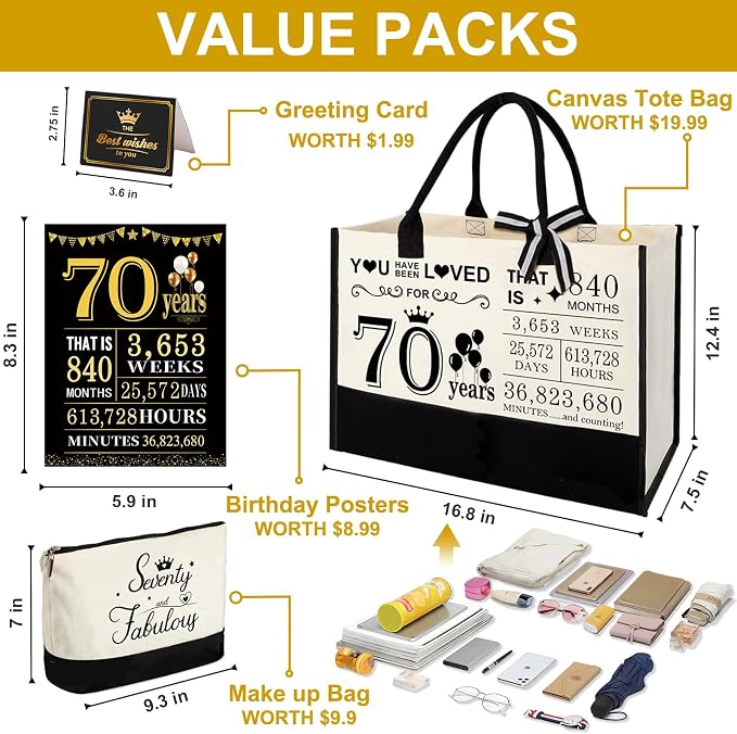 YeohJoy 70th Birthday Gifts for Women 70 and Fabulous Canvas Tote Bag Travel Gear, Unique 70 Years Old Gifts for Wife Sister Mom Aunt Friends Grandma Her, Handbag & Cosmetic Bag & 70 Birthday Poster