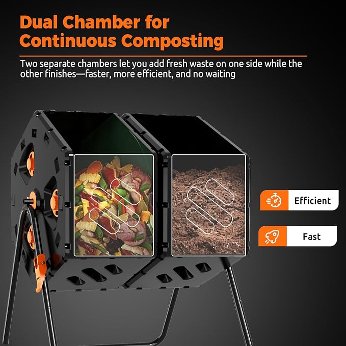 45 Gallon (170L) Compost Tumbler Outdoor, Dual Chamber Compost Bin with 360° Rotating Design, Adjustable Vents, Easy Assembly, Large Openings for Kitchen, Garden & Yard Waste