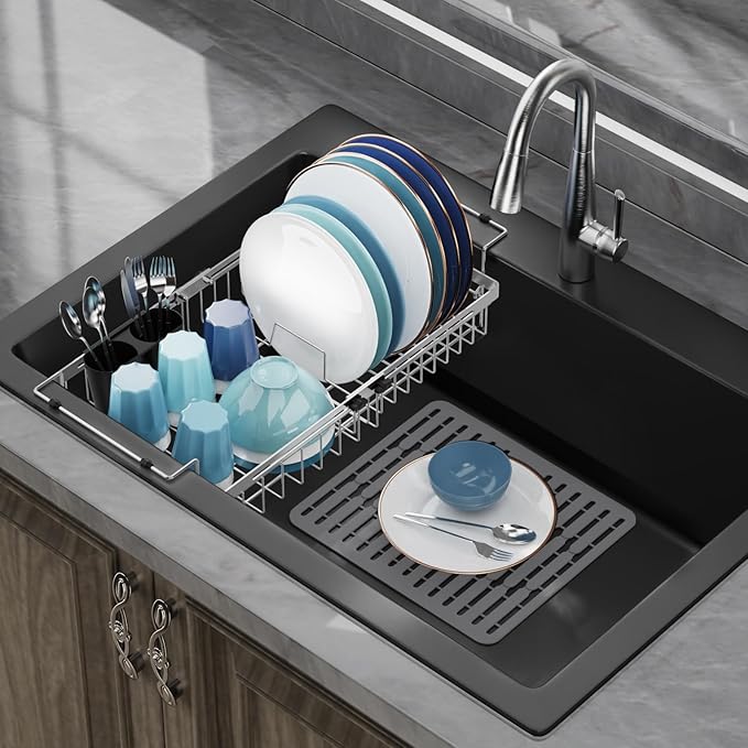 GSlife Expandable Dish Drying Rack for Large Sink- Stainless Steel Over the Sink Dish Drainer with Silicone Sink Protector and Locking Knob for Kitchen, 12.8" W x 13.4"-20.5" L, Silver