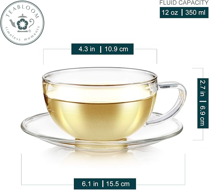 Teabloom Kyoto Teacup and Saucer Set 2-Pack – Large Size – 12 OZ/ 350 ML Capacity – Crystal Clear Design –– Premium Borosilicate Glass – Heat Resistant, Microwave Safe – Glass Mug Set