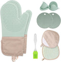 8-Piece Silicone Oven Mitts and Pot Holders Set with Hanging Loops - Heat Resistant Kitchen Gloves with Non-Slip Honeycomb Grip - Includes Mini Mitts & Trivet Mats for Cooking, Baking - Green
