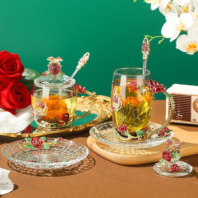 Crystal Tea Cup Coffee Mug with Lid Saucer Spoon Birthday Christmas Gift for Women Friends Female Grandma Mum Sister Home Decoration(Short Red)
