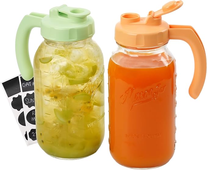 Soligt Glass Mason Jar Pitchers with Lids, Wide Mouth Flip Cap Pour Spout Leak-proof Lid with Handle, 64 oz/2 Quart, for Iced Coffee/Sun Tea Juice/Cold Brew/Milk (2 Pack, Tea Green + Carrot Orange)