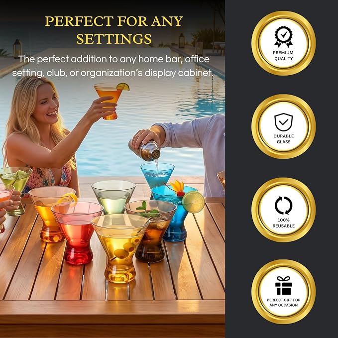 13-Ounce Colorful Pastel Plastic Stemless Martini Glasses (Set of 4), Martini, Margarita, Champagne & Cocktail Reusable Glasses, BPA-Free, Shatter-Proof, Dishwasher-Safe, Poolside Perfect, Outdoors