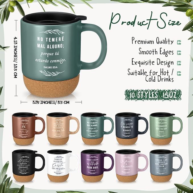 Jingmore 10 Pcs Christian Gift Bulk Religious Mugs with Bible Verse Coffee Cup 15oz for Teacher Nurse Women Men Church Member Employee Mom Dad Clergy Pastor(Leaves, Spanish)