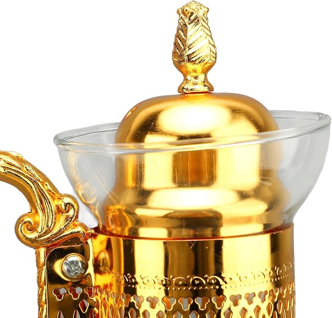 Glass Tea Pot with Warmer, 50 oz Vintage Espresso Kettle Heated Glass Coffee Pot with Handle, Heat Resistant Turkish Coffee Pitcher Teapot for Home Office Cafe Use (Gold)