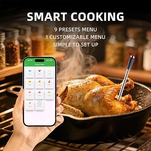 Smart Bluetooth Meat Thermometer with App, Wireless Digital Food Thermometer for BBQ Grilling, 1000°F Heat Resistant, IP68 Waterproof, Long Range for iOS Android