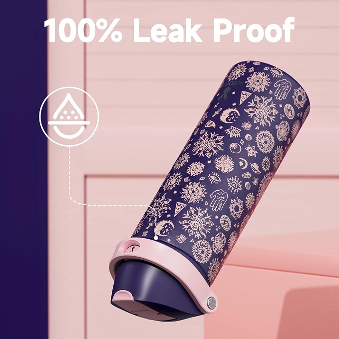 24 oz Insulated Water Bottle for Women: Meoky Stainless Steel Metal Water Bottle with 2-in-1 Straw and Spout Lid - Leak Proof, Cold for 24 Hours, Protective Silicone Base, BPA-Free for School, Arcana