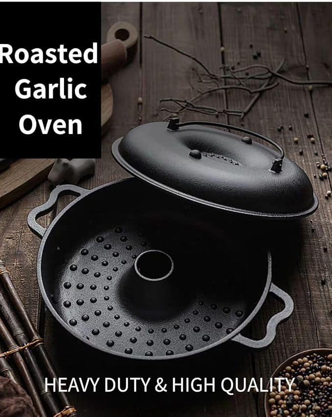 Large Garlic Roaster, Cast Iron Garlic Roaster for Oven Grill, Cast Iron Skillets Pan for BBQ, Picnic Garlic Baker with 2 Garlic Presses