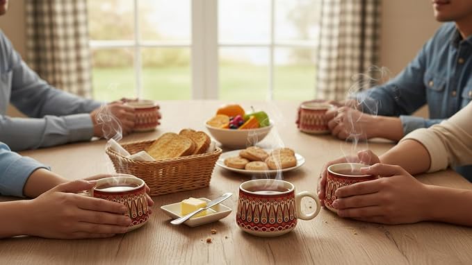 Handcrafted Set of 6 Ceramic Tea Cups 150 ML Elegant Porcelain Breakfast Coffee Mugs Boho Style For Cortado Cappuccino Espresso Kulhad Chai Microwave & Dishwasher Red Food Safe For Home Office Kitchen