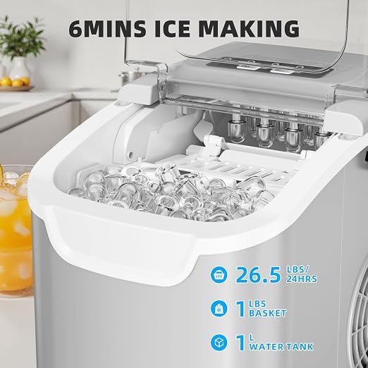 Antarctic Star Countertop Ice Maker, Portable Ice Machine with Carry Handle, 26.5Lbs/24H, 2 Sizes Bullet Ice, 8Cubes in 6 Mins Office/Kitchen/Bar Grey