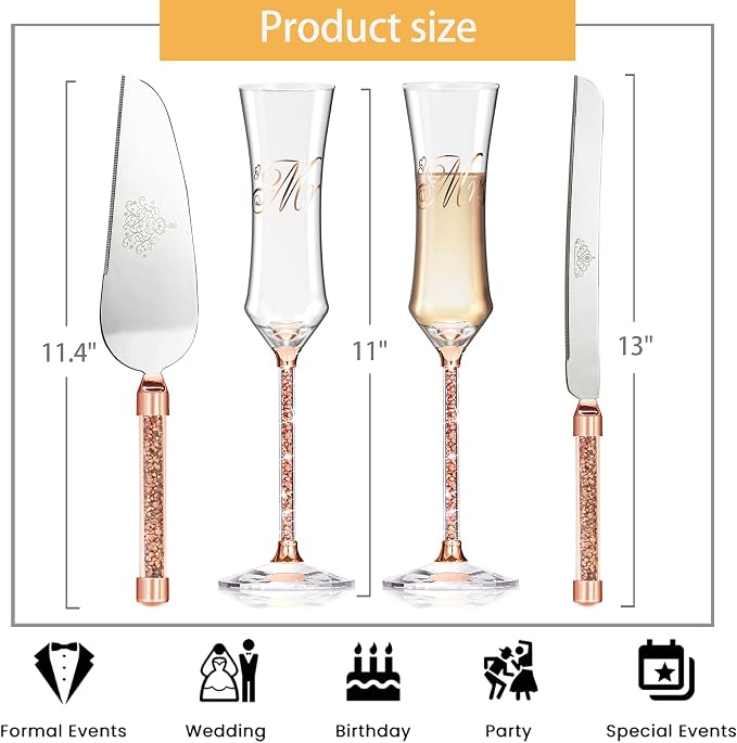 Wedding Cake Knife and Server Set, 7oz Crystal Champagne Flutes Set Rose Gold Bride Groom Toasting Glasses Cutting for Mr Mrs Engagement Gifts