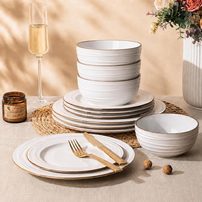 GBHOME Ceramic Dinnerware Sets,12 pcs Embossed Elegant Stoneware Plates and Bowls Sets, Housewarming Wedding Gift | Dishwasher & Microwave Safe | Dishes Set Service for 4