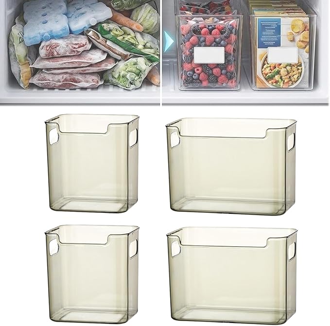 Crystal Clear Freezer Storage Bins, Stackable Fridge Organizer Bins with Handles, Clear Plastic Food Containers for Refrigerator and Pantry, Kitchen Organization for Meat & Veggies (Green*4, S+L)