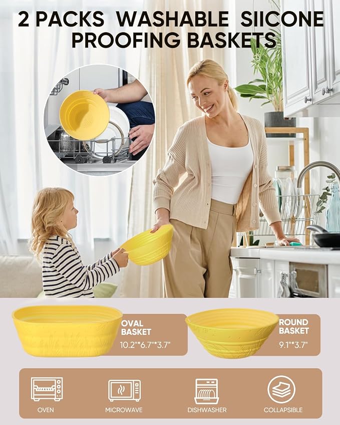 Sourdough Bread Baking Supplies 34 OZ Sourdough starter kit with 2 Bread Proofing Basket - Yellow