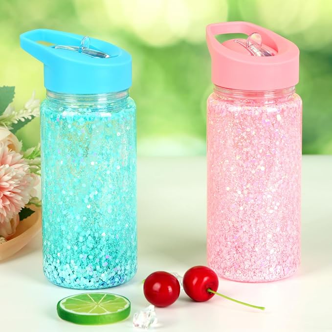 6 Pack 10 Oz Plastic Snow Globe Tumbler for Kids with Pre-Drilled Hole and Plug, Leak Proof Double Wall Snow Globe Sports Water Bottles with Portable Handle for Glitter DIY Gift, Mixed Color