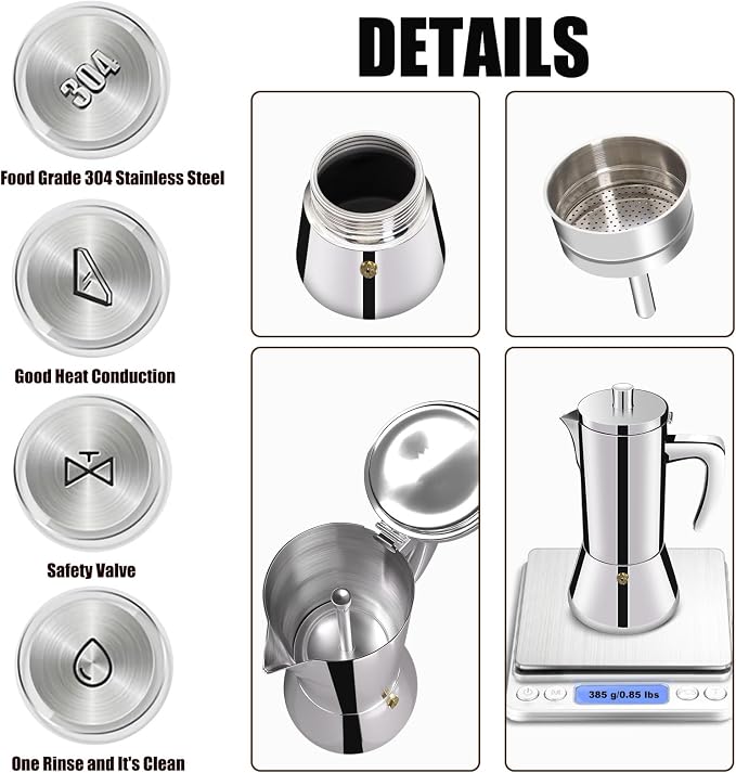 2 Cup Thickened 304 Stainless Steel Moka Pot Stovetop Espresso Maker Cafeteras Italian Percolator Espress Makers Capable Greca Mocha Coffee Machine for Induction Home and Camping 100ml 3.4oz