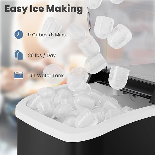 DUMOS Countertop Ice Maker with Handle, 26lbs/24H, Makes 9 Bullet Cubes in 6 Mins, Auto-Cleaning, Portable Ice Machine for Home Kitchen RV Camping, Black