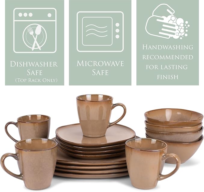 Elanze Designs 16-Piece Modern Luxury Chic Smooth Vintage Handmade Shape High Gloss Ceramic Stoneware Square Plate Mug & Bowl Kitchen Dinnerware 16 Piece Set - Service for 4, Brown