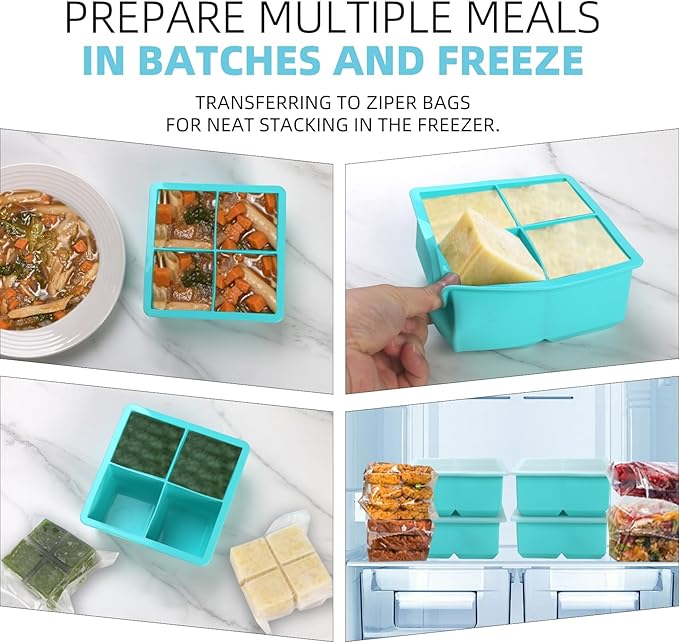 Silicone Freezer Tray with Lid - 1 Cup Silicone Food Freezer Tray - Large Ice Cube Freezer Molds - Soup, Sauce, leftovers, Homemade Meal Prep Freezing Kitchen Storage Containers(Aqua 4 Pack)