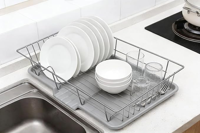 Dish Drying Rack for Kitchen Counter, Stainless Steel Sink Organization and Storage Essentials with Cutlery Holder, Home and Appartment Decor, 12''W x 15.5''L, Silver