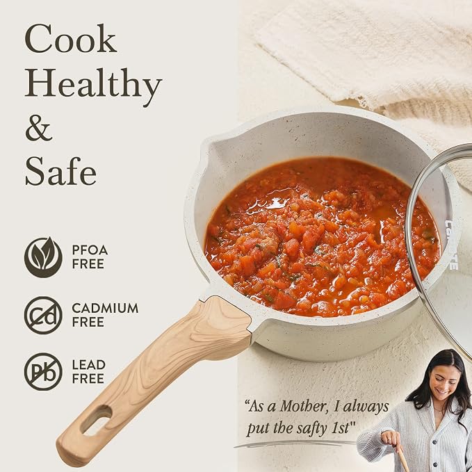 CAROTE 1.5Qt & 3.0Qt Sauce Pan Sets with Lid Cooking Pots Nonstick Saucepans Cookware Set with Pour Spout Small Kitchen Pot, Induction Comptable, Easy to Clean, PFOA FREE (White Granite)