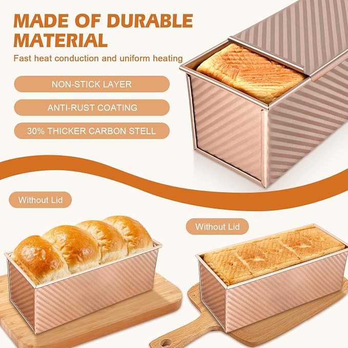 2Pack Loaf Pans with Lids – 2.2 LB & 1 LB Dough Capacity, Non-Stick Carbon Steel Bread Pans for Homemade Sandwich and Sourdough Bread, Corrugated Toast Mold