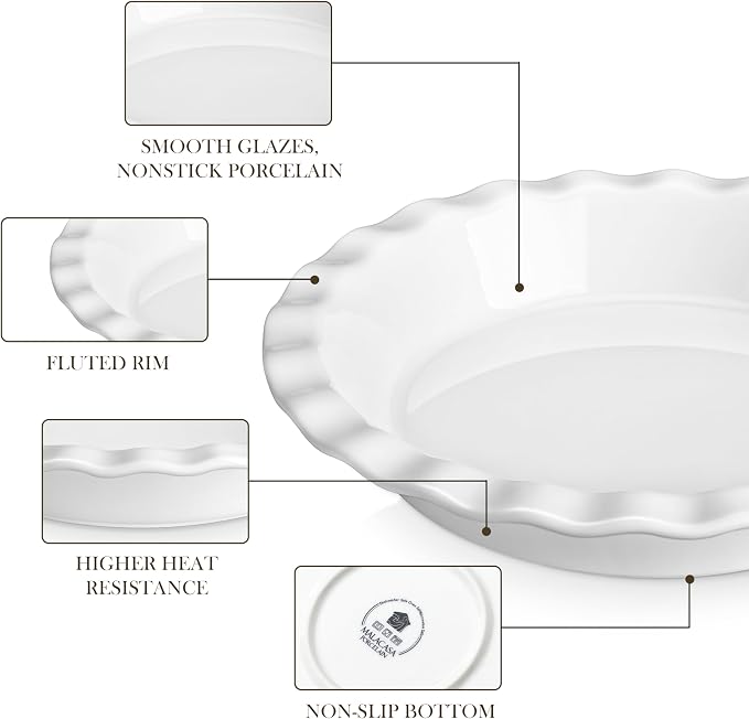 MALACASA Ceramic Pie Pan Set of 2, 9 inch, 40 oz Round Pie Dishes with Fluted Edges, Non Stick, For Quiche, Apple Pies, Pot Pies & More