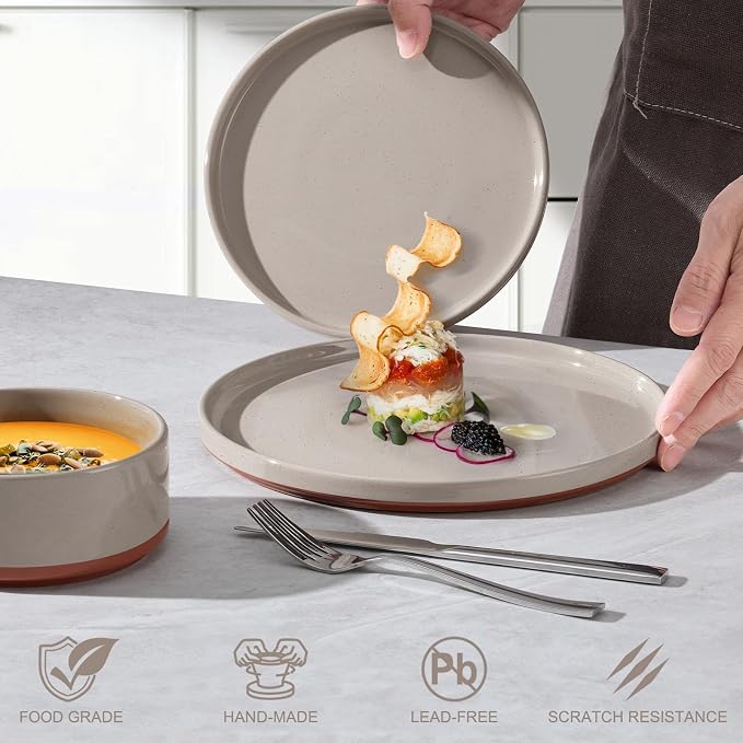 LIANYU Plates and Bowls Sets, 24 Pieces Stoneware Dinnerware Set for 8, Modern Kitchen Dinner Set Ceramic Dishware Dishes Set, Microwave and Dishwasher Safe, Terra Brown