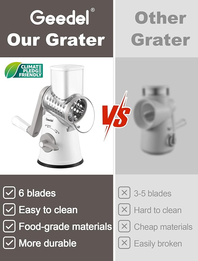 Geedel Rotary Cheese Grater Cheese Shredder - Upgraded 6-in-1 Cheese Grater with Handle and Strong Suction Base, Multi-purpose Vegetable Slicer Ice Shaver Nuts Grinder for Ice, Vegetables, Fruit