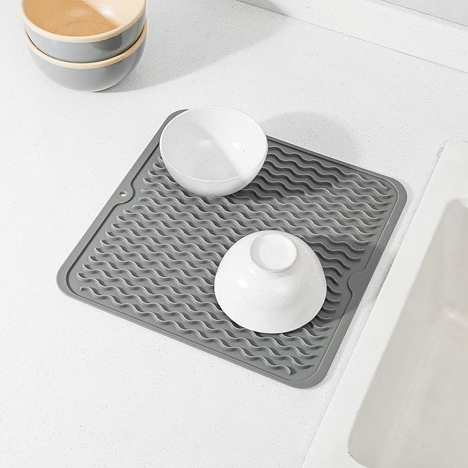 MicoYang Silicone Dish Drying Mat for Multiple Usage,Easy clean,Eco-friendly,Heat-resistant Silicone Mat for Kitchen Counter or Sink,Refrigerator or Drawer liner Grey M 12 inches x 12 inches