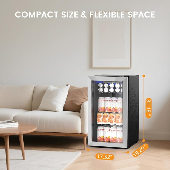 Electactic 130 Can Beverage Refrigerator Built In Freestanding Wine Fridge with Stainless Steel Reversible Glass Door, Quiet Compressor LED Touch Control for Home Kitchen Bar, 3.2 Cu.ft Silver
