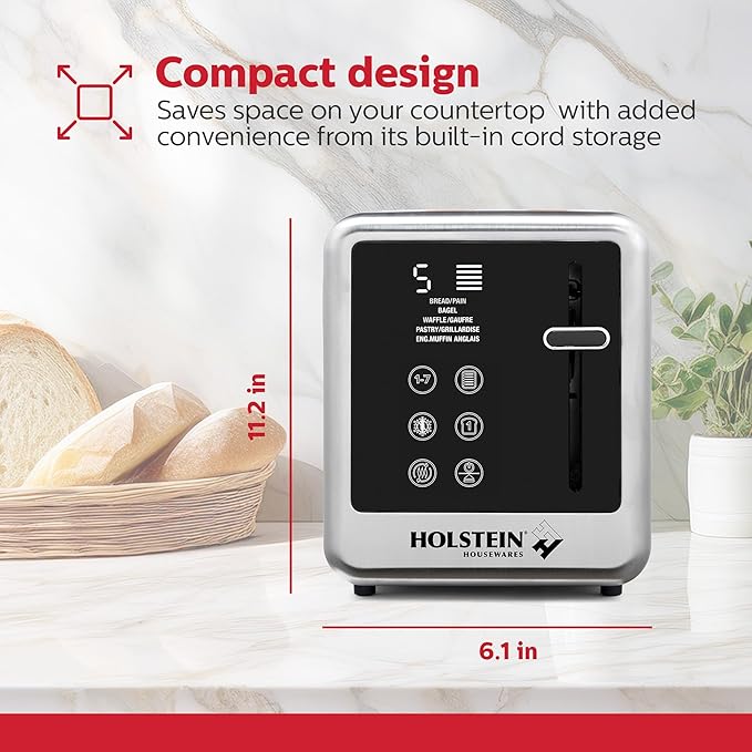 Holstein Housewares 2-Slice Digital Toaster – Extra-Wide Slots, LED Display, Countdown Timer, Reheat, Defrost, Cancel & High-Lift Release – Compact Toaster with Removable Crumb Tray, Silver & Black