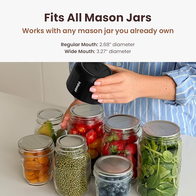 Plateful VacuFresh Electric Mason Jar Vacuum Sealer Kit (10 Lids Included) - For Wide Mouth & Regular Mouth Jars, Cordless, Portable Jar Vacuum Sealer For Food Storage With Lids, Opener, Charger