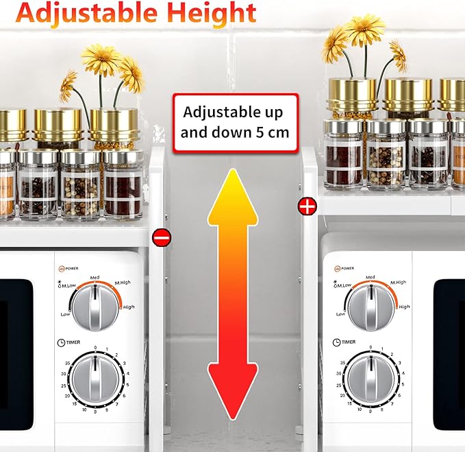 YIUKEA Extendable Microwave Oven Rack - Adjustable Kitchen counter shelf, 2 Tier Microwave Stand (L15.7~23.6" xW12.8 xH17.7) with 6 Hooks for Kitchen Countertop Organizer (White)