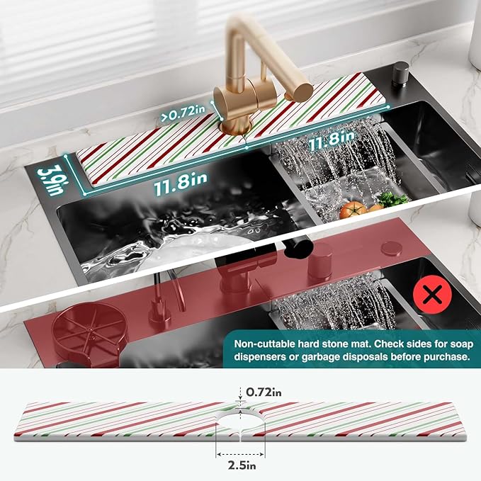 Stone Faucet Mat for Kitchen Sink, Diatomite Drying Stone Mat for Kitchen Counter, Prevent Moisture – Sink Splash Guard for Holiday Gift Home Decor (Red/Green, 23.6" x 3.9")