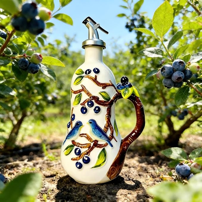 Hand-Painted Ceramic Relief Olive Oil Bottle Dispenser, with Handle Decorative Olive Oil Dispenser Bottle, Kitchen Ceramic Oil Vinegar Bottle Seasoning Bottle with Stainless Steel Spout & Funnel