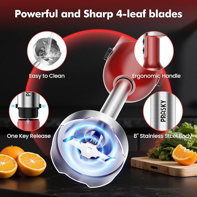 Immersion Blender Handheld 1200W, 5-in-1 Hand Blenders, 20 Speeds Hand Mixer, Stainless Steel Blades, Milk Frother Wand, Whisk, Beaker, Suitable for Kitchen, Protein Shakes and Baby Food (Red)